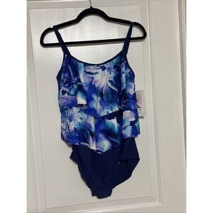 Maxine of Hollywood One Piece Swimsuit Womens 12 Blue Floral Tiered MM0B911 NEW